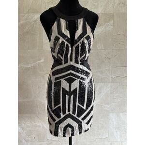 Vintage Y2K Bebe Geo Sequin Cutout Mini Dress - Small Black Cream Party Clubwear